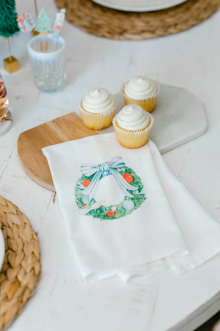 Holiday Wreath Watercolor Tea Towel