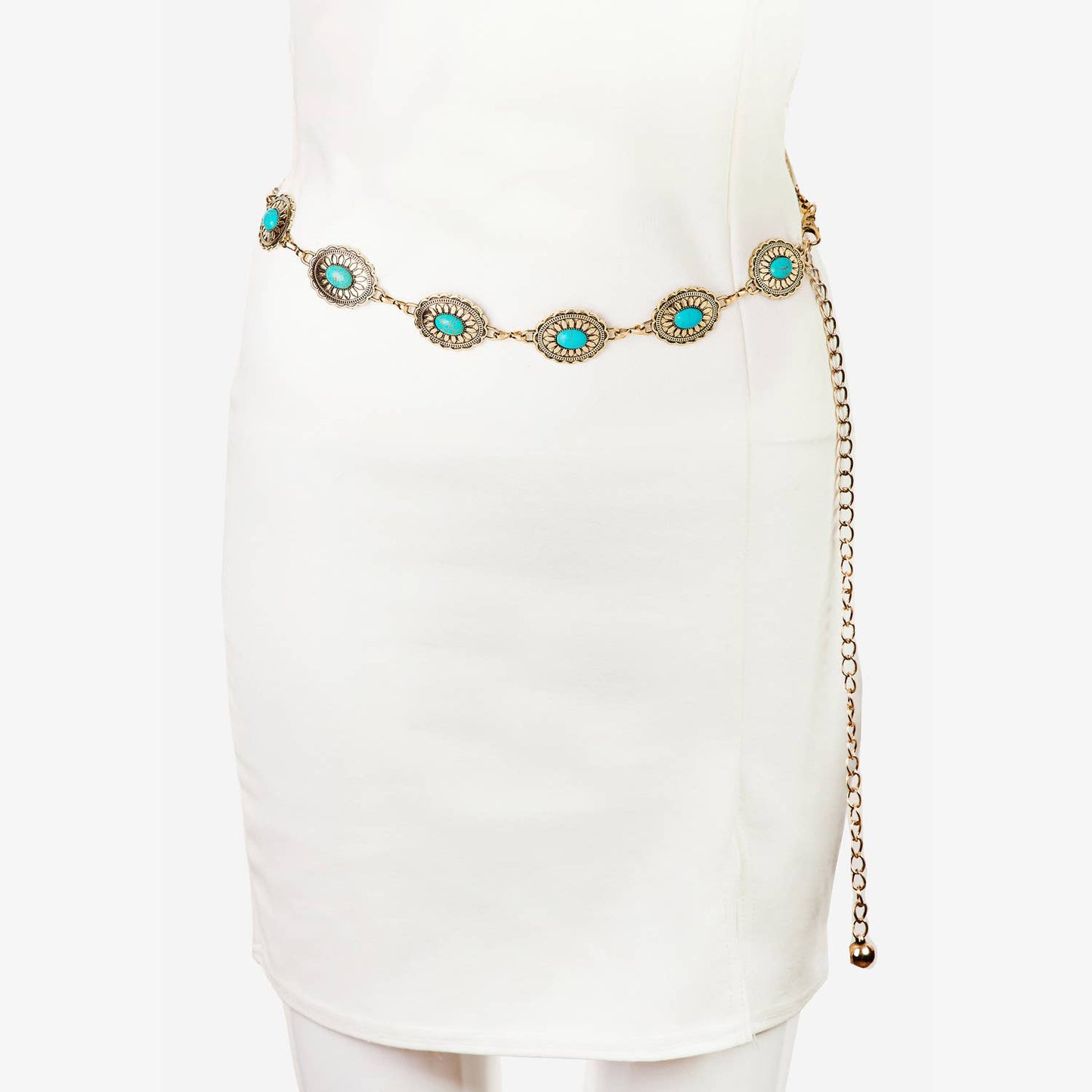 Collections by Fame Accessories - Floral Turquoise Concho Disc Chain Belt: G