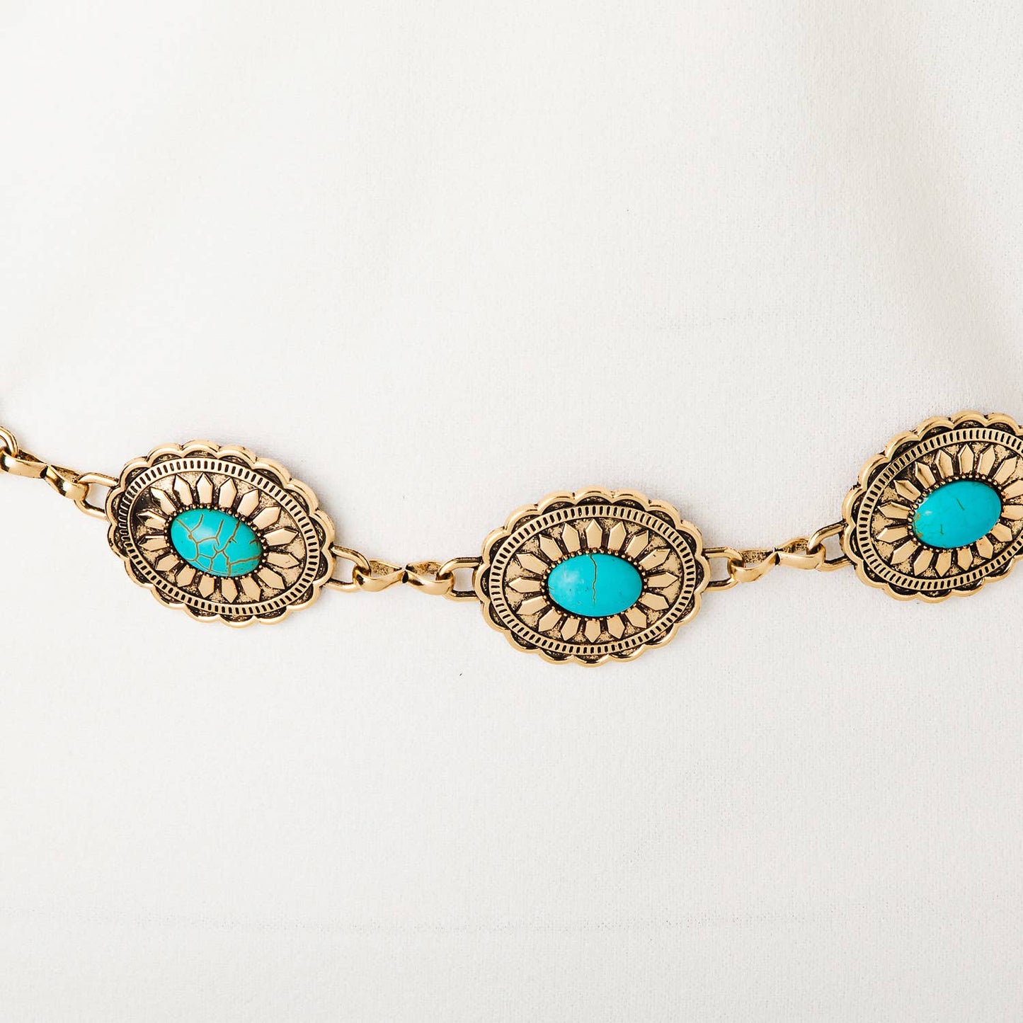 Collections by Fame Accessories - Floral Turquoise Concho Disc Chain Belt: G