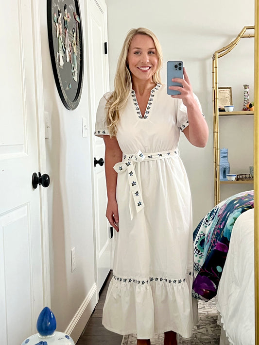 Floral Embroidered Belted Midi Dress