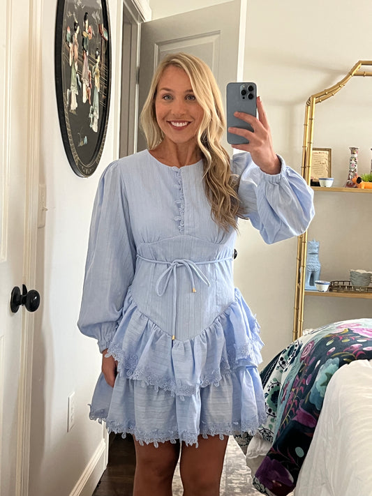 Cotton Long Puff Sleeve Lace Trim Mini Dress