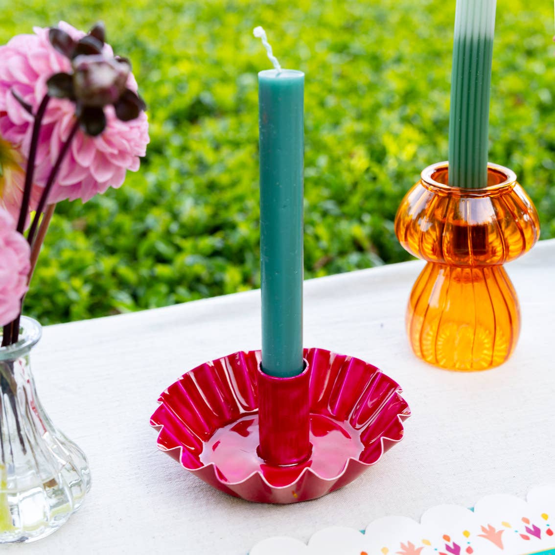 Scalloped Pink Metal Candlestick Holder