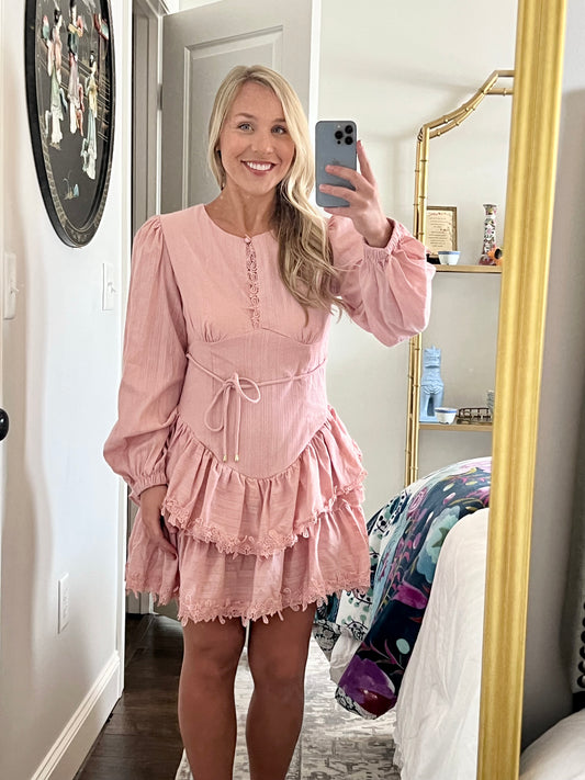 Cotton Long Puff Sleeve Lace Trim Mini Dress