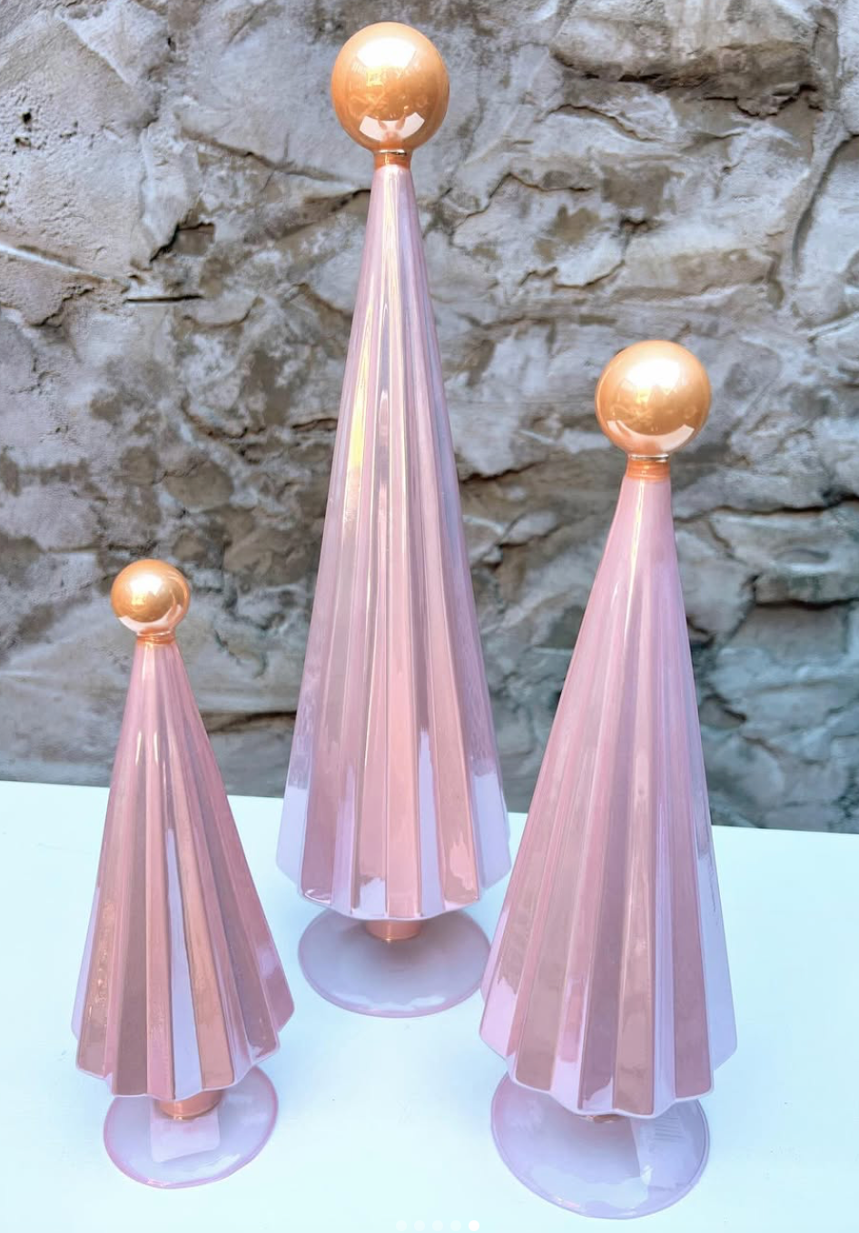 Set of 3 Light Pink Glass Christmas Trees