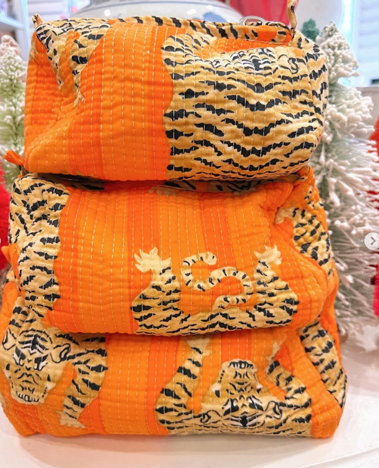 Orange Block Printed Cotton Quilted Makeup/Washbag (Set of 3)