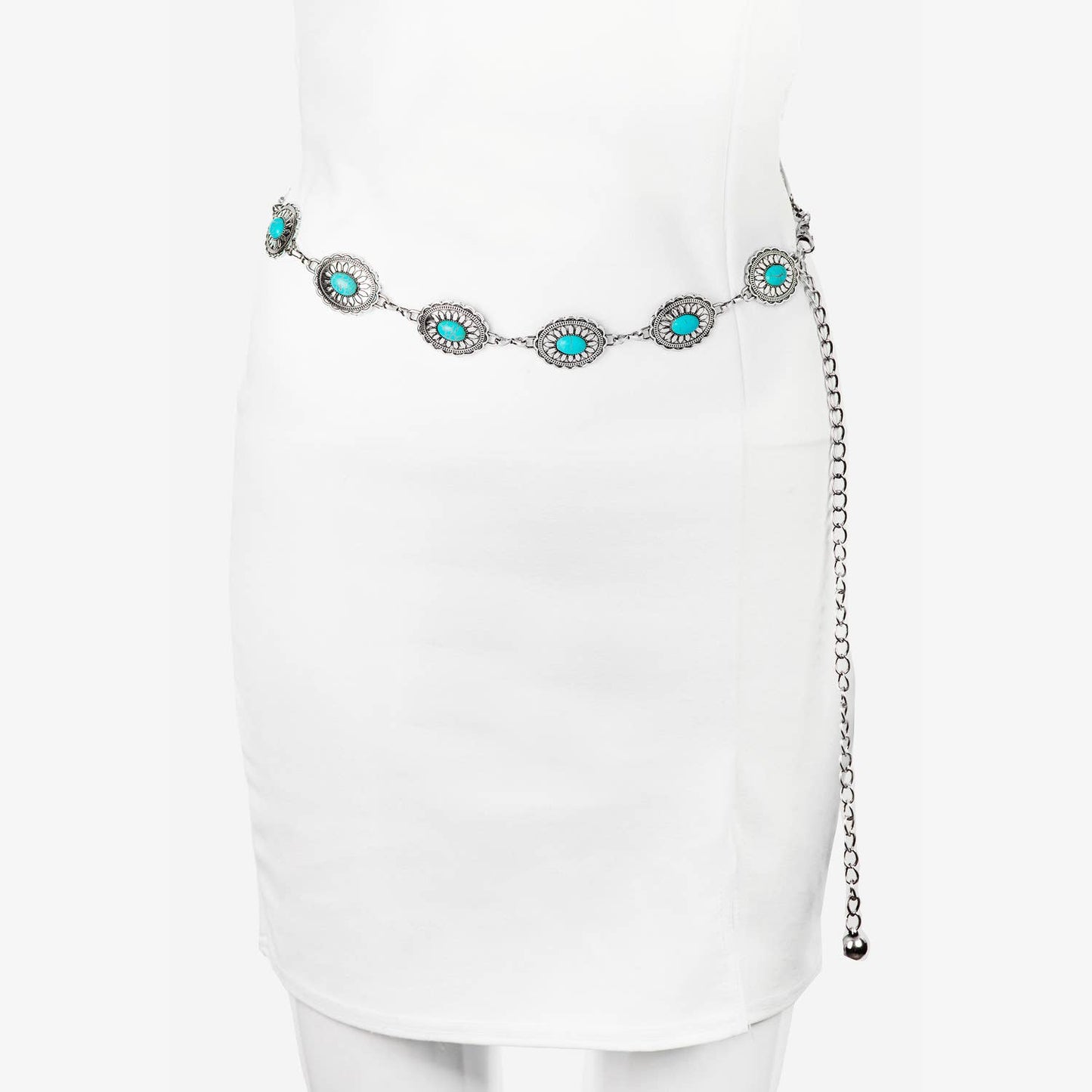 Collections by Fame Accessories - Floral Turquoise Concho Disc Chain Belt: G