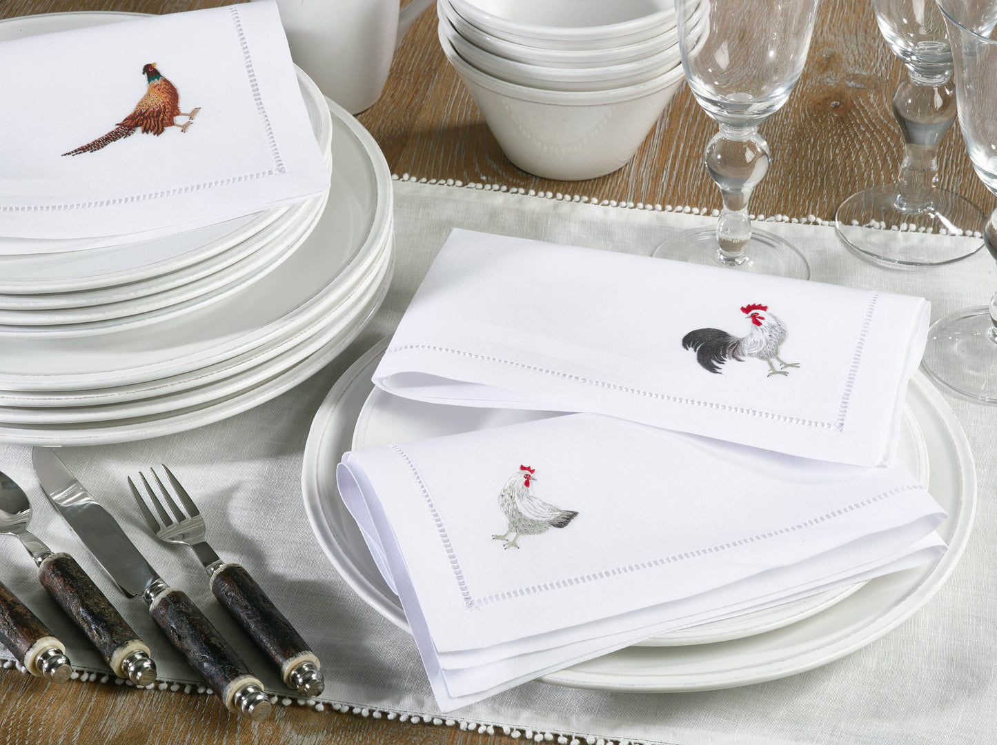 Saro Lifestyle - Embr'd Pheasant Hemstitch Napkin: 20" / White