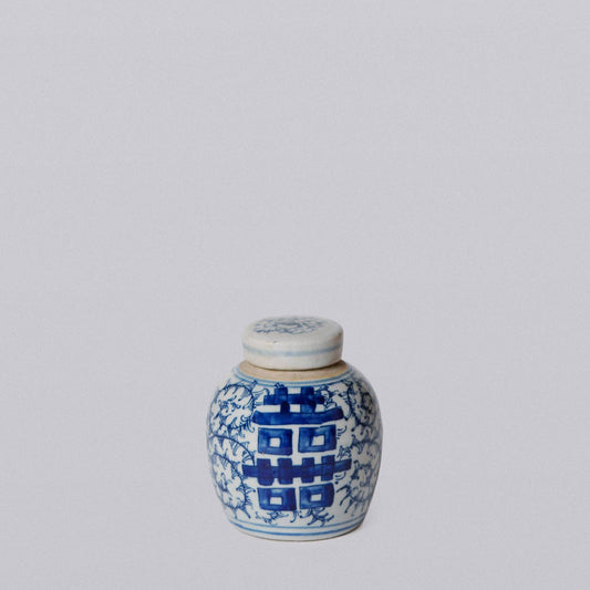 Blue and White Porcelain Mini Double Happiness Round Jar (Small)