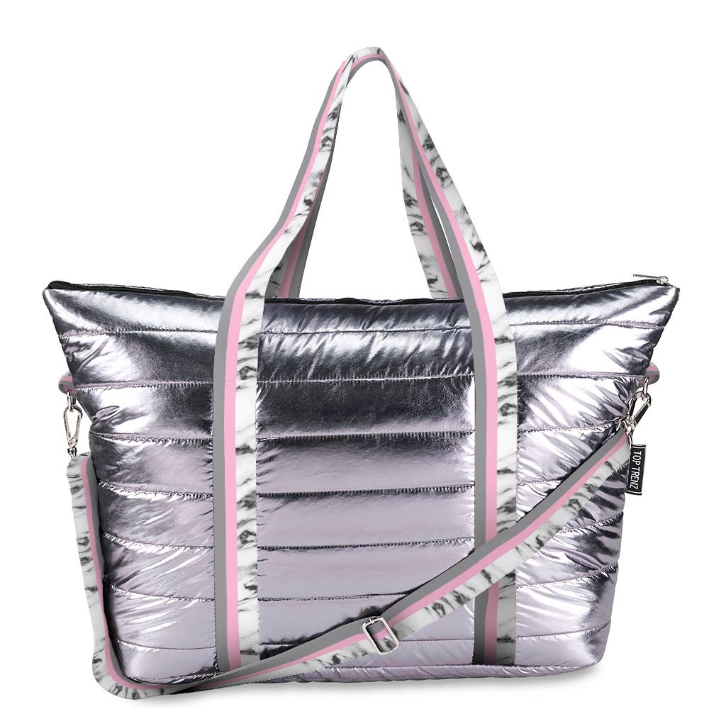 Top Trenz Inc - Gunmetal Puffer Tote w/ White Marble Stripe Straps