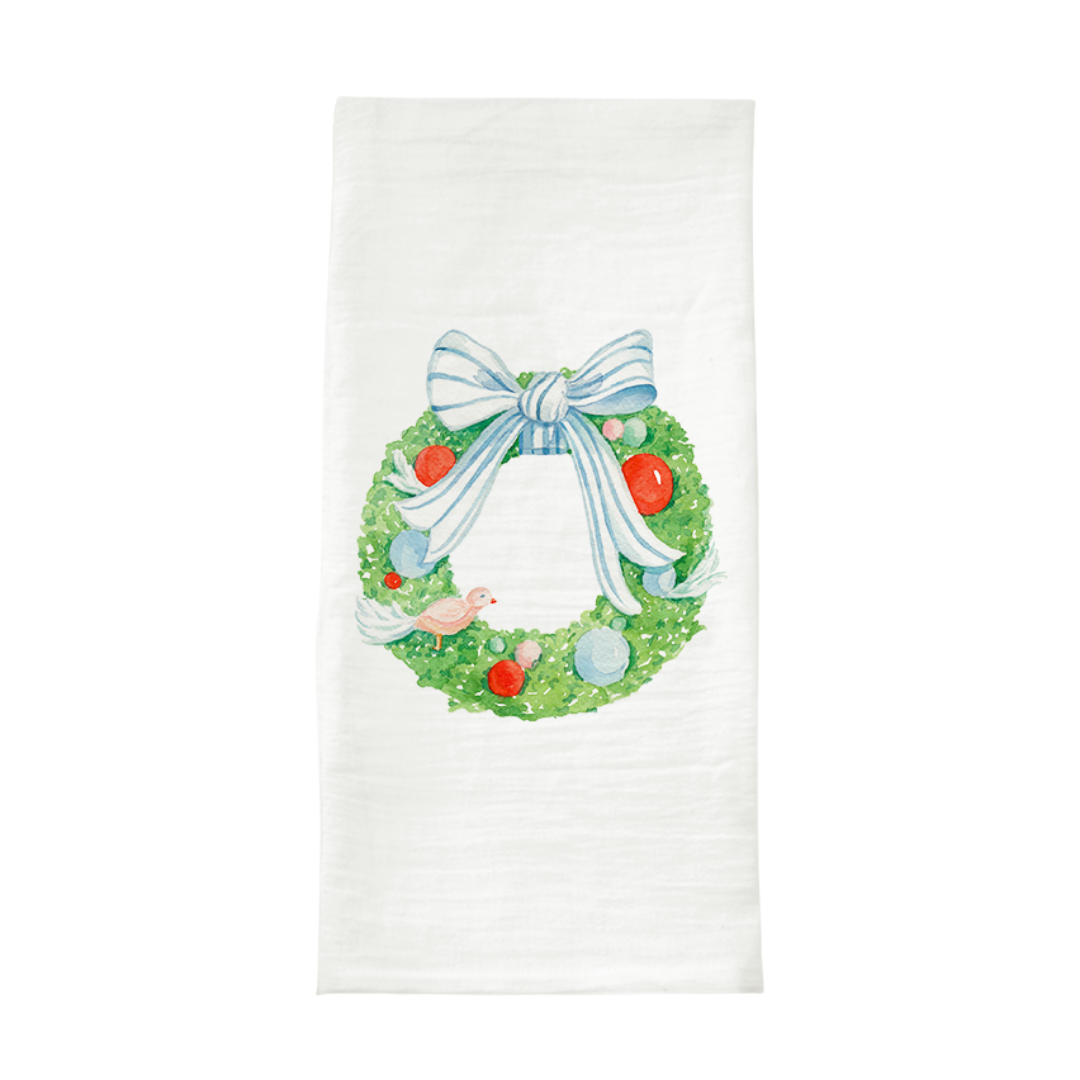 Holiday Wreath Watercolor Tea Towel