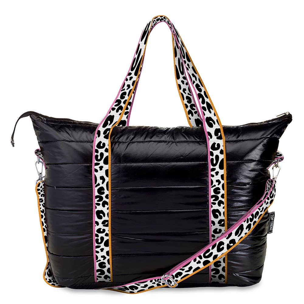 Top Trenz Inc - Black Puffer Tote Weekender Bag Leopard Stripe Straps