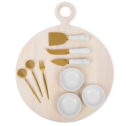 The Bamboo Abode - 10 Piece Cheese and Charcuterie Board Set, White-Washed